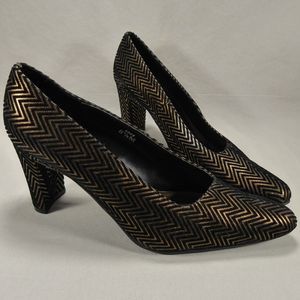 J Renee Black Velvet Copper Chevron Mid High Heel Dress Shoes Pumps 5945 8.5M